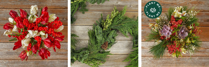 Red floral arrangement; winter garland; wintergreen and floral arrangement