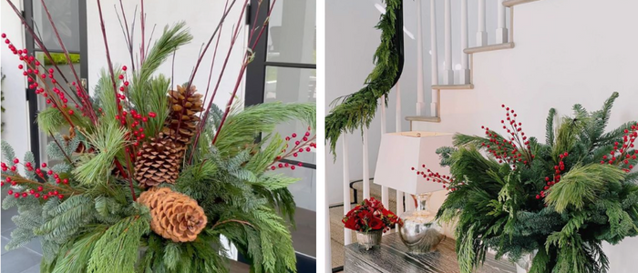 Winter evergreens in a urn; Garland on a stair banister and evergreen decor on entry table