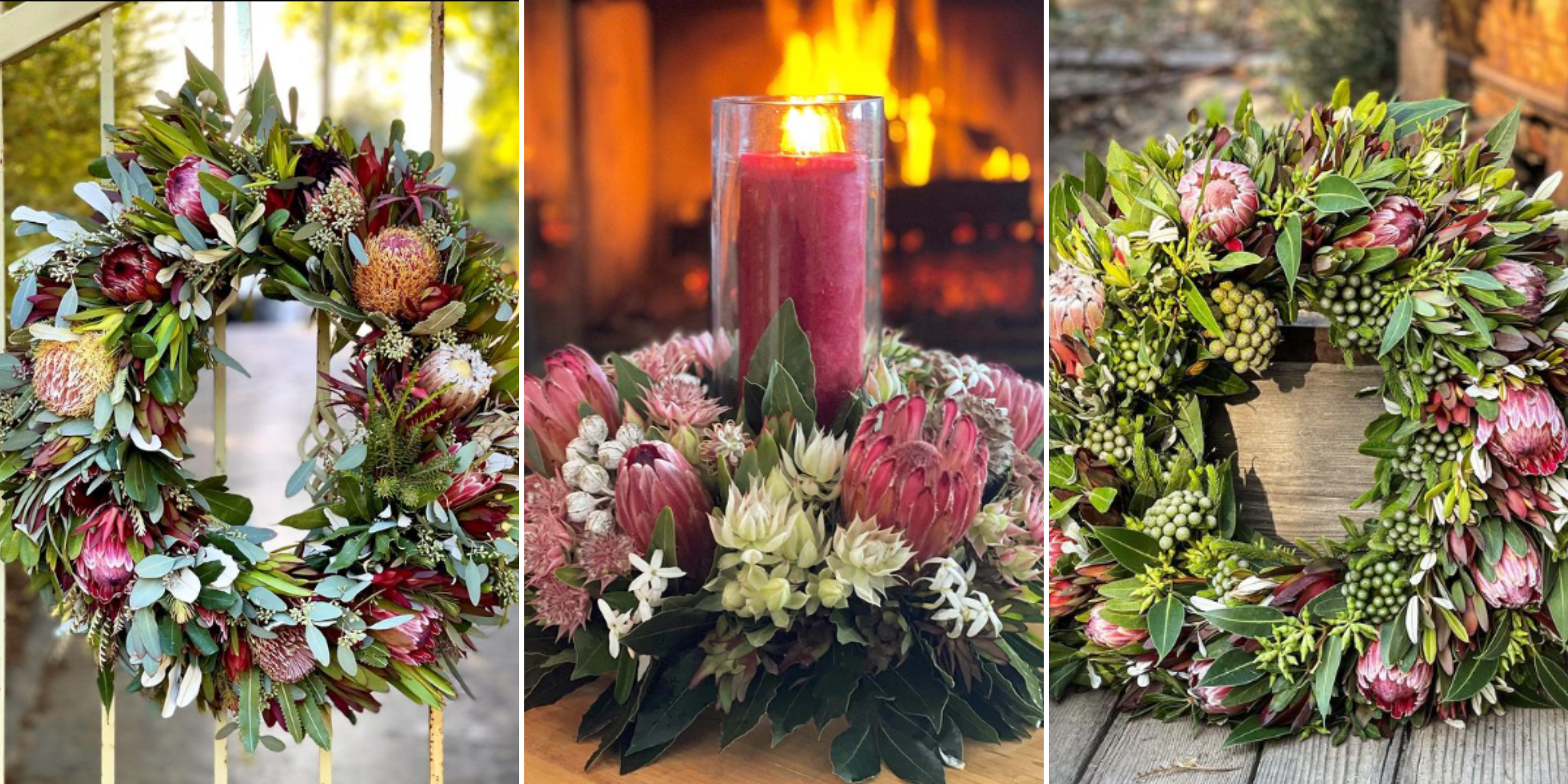 three images of wreaths made with protea in various winter scenes