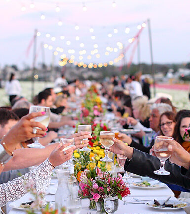 People dinning in a flower field and cheering